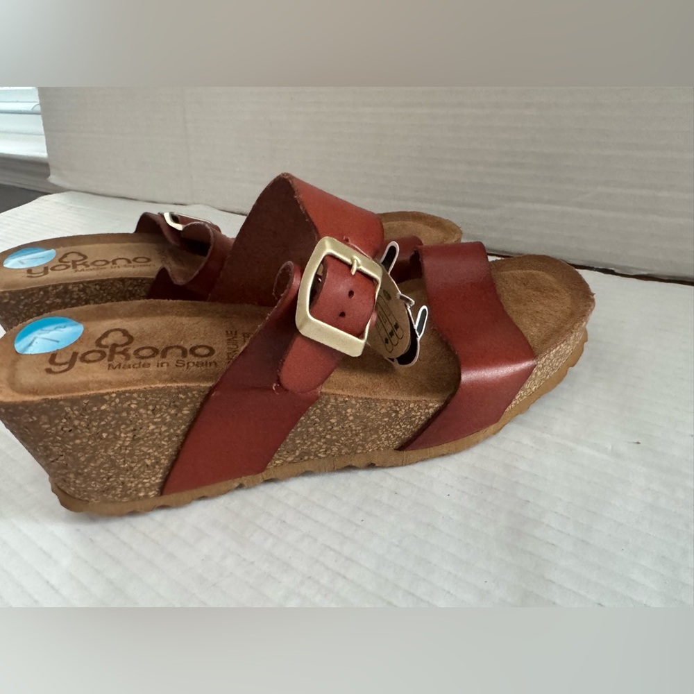 NEW Yokono Spain Brown Leather Cork Wedge Sandals Shoes w/Buckle - Size 7.5